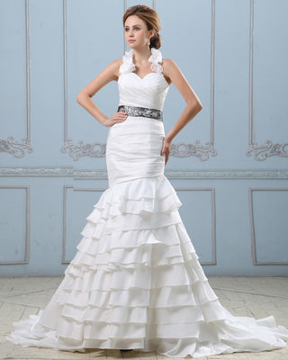 Sexy Open back layered wedding dress với thắt lưng, thắt lưng thấp phụ nữ váy cưới